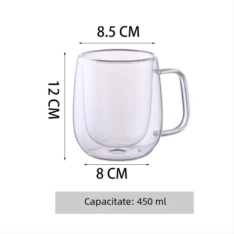 Ceașcă de cafea din sticlă cu pereți dubli, rezistentă la temperaturi, cu mâner
