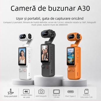 A30 cameră de acțiune cu două camere, gimbal manual, dimensiune de buzunar, stabilizare HD