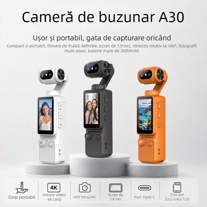 A30 cameră de acțiune cu două camere, gimbal manual, dimensiune de buzunar, stabilizare HD