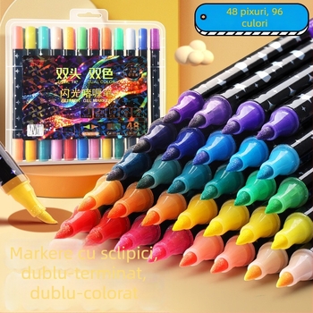 Marker fluorescente cu vârf moale pentru arta la școala primară, markere cu vârf dublu în două culori lucioase, cu markere acvarelle și markere colorate cu praf de sclipici