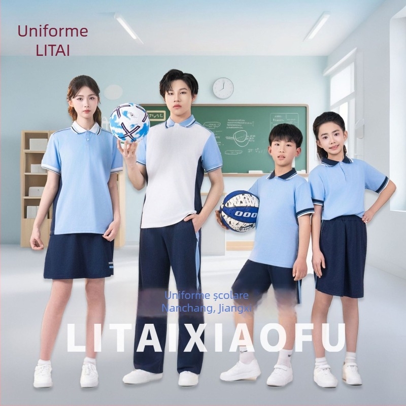 Litai uniformă școlară – set unisex tricou cu mânecă scurtă și pantaloni scurți, pentru gimnaziu, toate anotimpurile