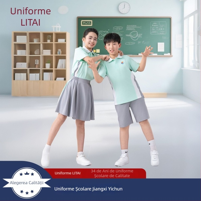 Litai Uniforma școlară primăvară-vară pentru elevi primar și gimnaziu, unisex, croială lejeră, top și pantaloni, mâneci scurte, închidere cu un singur rând de nasturi, bumbac 50–70%