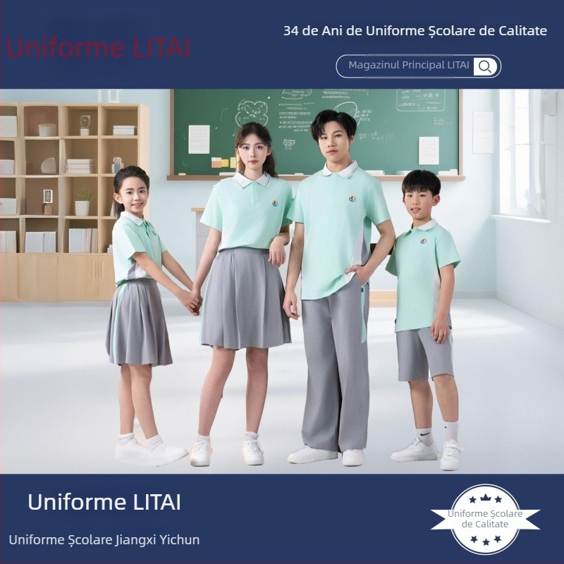 Litai Uniforma școlară primăvară-vară pentru elevi primar și gimnaziu, unisex, croială lejeră, top și pantaloni, mâneci scurte, închidere cu un singur rând de nasturi, bumbac 50–70%