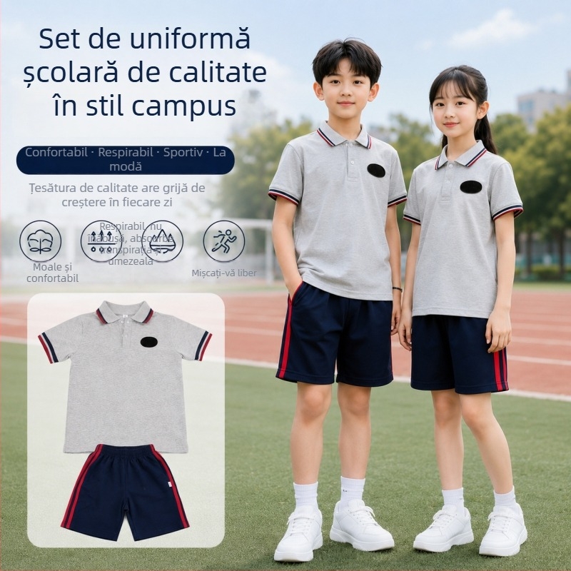Set de uniformă școlară de vară pentru elevi din învățământul primar, tricou cu mânecă scurtă și pantaloni scurți, îmbrăcăminte sport respirabilă pentru evenimente școlare, unisex