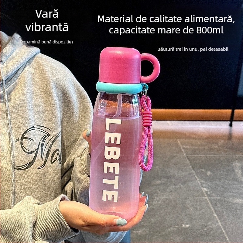 Cana de apă de vară, capacitate mare pentru femei, din plastic, cu pai și scară de măsurare, recipient sport portabil
