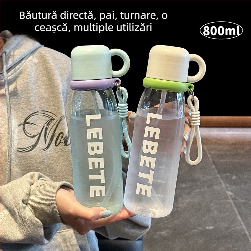 Cana de apă de vară, capacitate mare pentru femei, din plastic, cu pai și scară de măsurare, recipient sport portabil