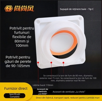 Ventilator de baie cu supapă de control și protecție împotriva fluxului invers, furtun de 80 mm și conductă de evacuare de 100 mm
