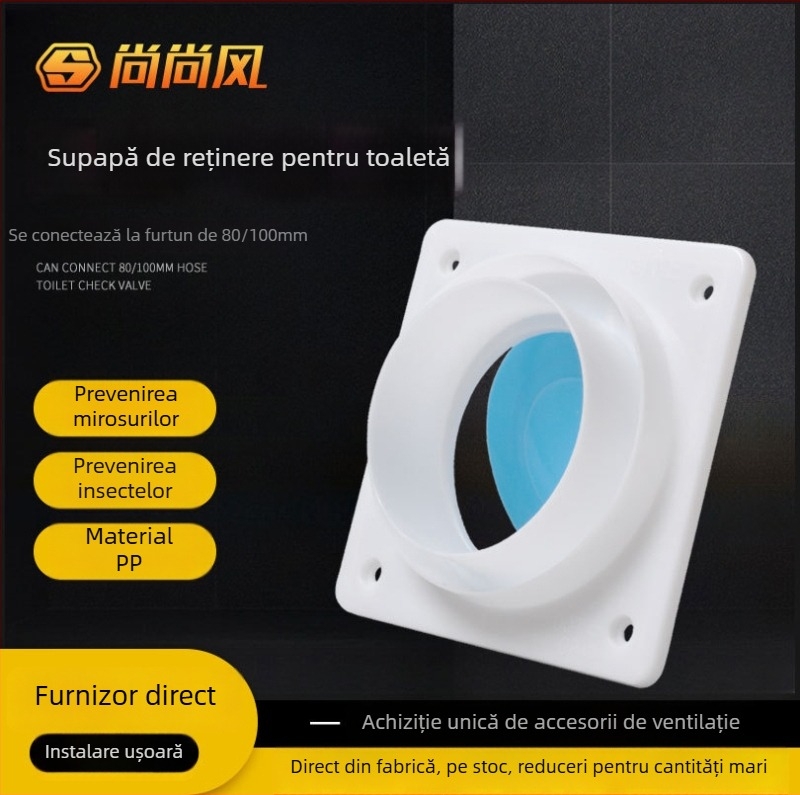Ventilator de baie cu supapă de control și protecție împotriva fluxului invers, furtun de 80 mm și conductă de evacuare de 100 mm