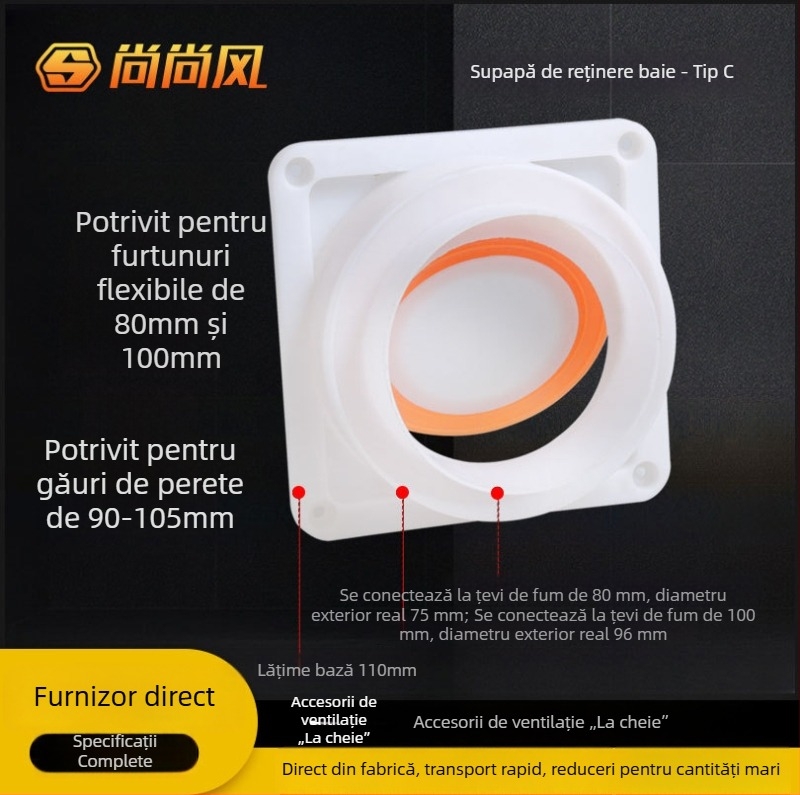 Ventilator de baie cu supapă de control și protecție împotriva fluxului invers, furtun de 80 mm și conductă de evacuare de 100 mm