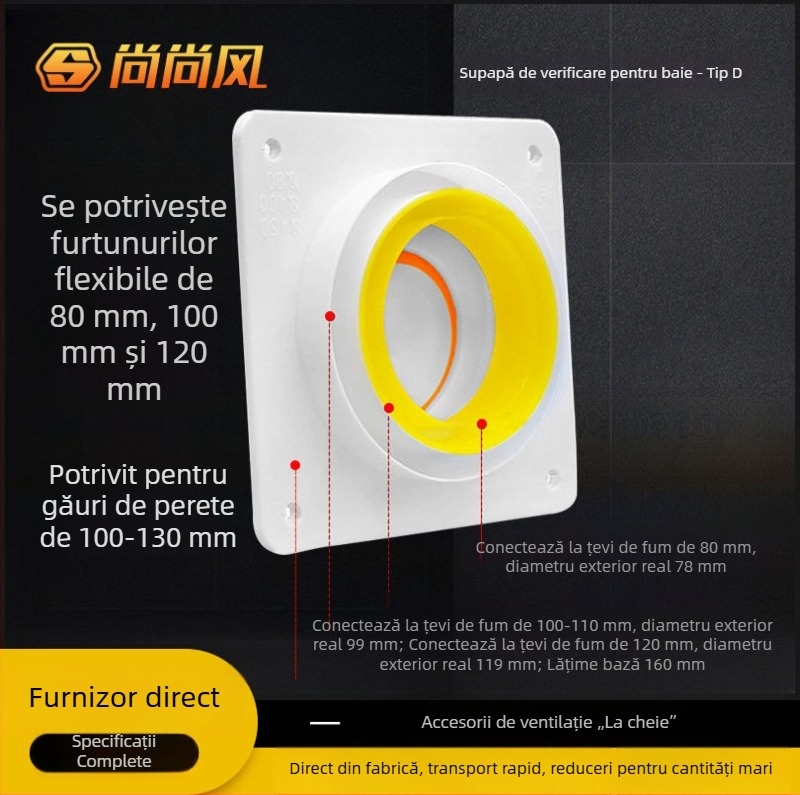 Ventilator de baie cu supapă de control și protecție împotriva fluxului invers, furtun de 80 mm și conductă de evacuare de 100 mm