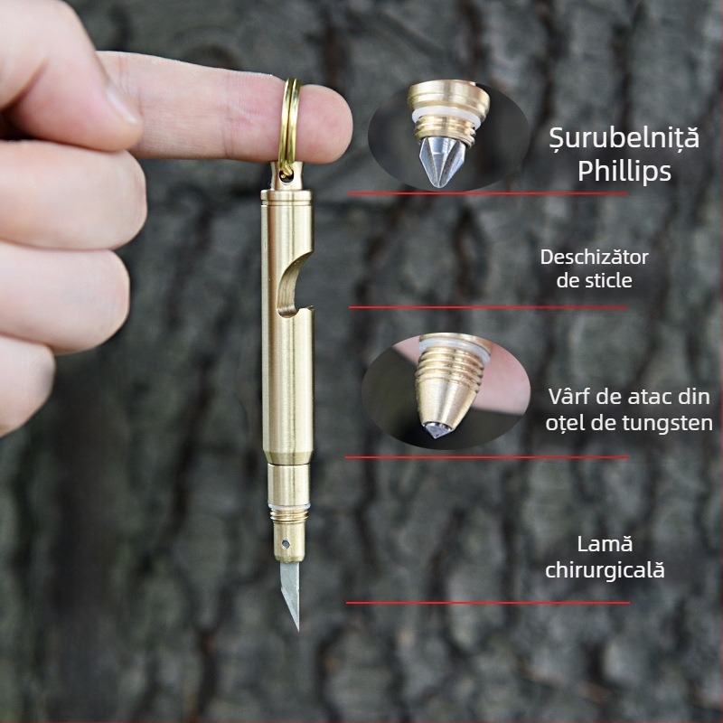 Cuțit multifuncțional din alamă, compact, cu deschizător de sticle, deschizător de pachete, tăietor de hârtie, spargător de geam și breloc