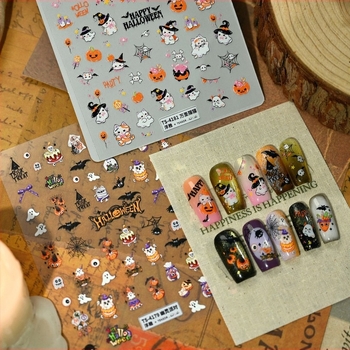 Moli Abțibilduri pentru unghii Halloween cu textură în relief pe hârtie – dovleac, pânză de păianjen, craniu TS-4179 Petrecere a fantomelor