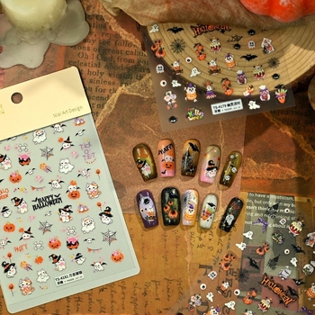 Moli Abțibilduri pentru unghii Halloween cu textură în relief pe hârtie – dovleac, pânză de păianjen, craniu TS-4179 Petrecere a fantomelor