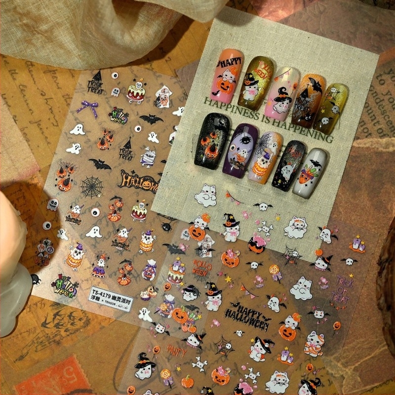 Moli Abțibilduri pentru unghii Halloween cu textură în relief pe hârtie – dovleac, pânză de păianjen, craniu TS-4179 Petrecere a fantomelor