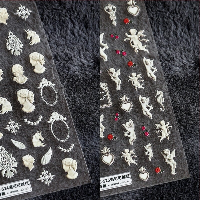 Știfturi de unghii 5D subțiri și durabile, cu spate adeziv, relief Rococo TS524
