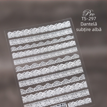 Autocolante 5D pentru unghii Pro, mat, translucid, reliefate, dantelă albă de tul TS297