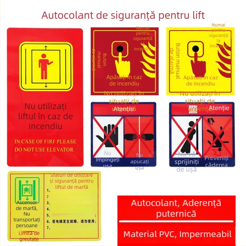 Sign de siguranță pentru lift: Nu vă sprijiniți de ușă; Nu împingeți ușa; Atenție la prinderea degetelor. Etichetă autocolantă.