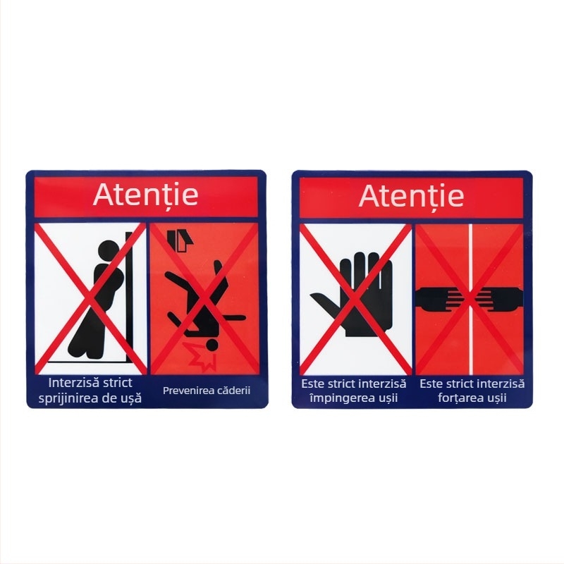 Sign de siguranță pentru lift: Nu vă sprijiniți de ușă; Nu împingeți ușa; Atenție la prinderea degetelor. Etichetă autocolantă.