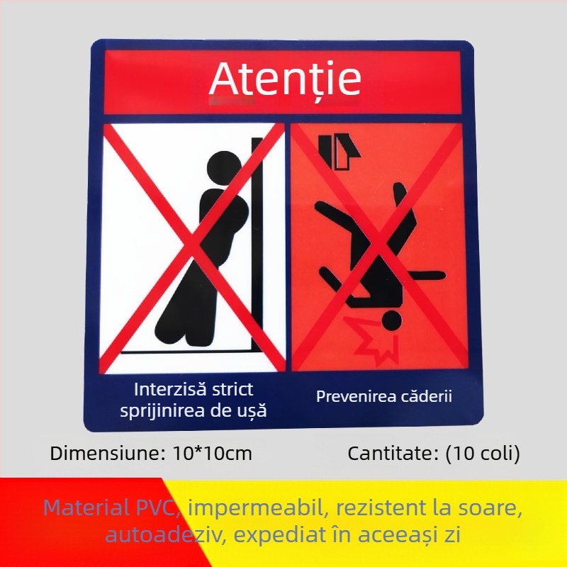 Sign de siguranță pentru lift: Nu vă sprijiniți de ușă; Nu împingeți ușa; Atenție la prinderea degetelor. Etichetă autocolantă.