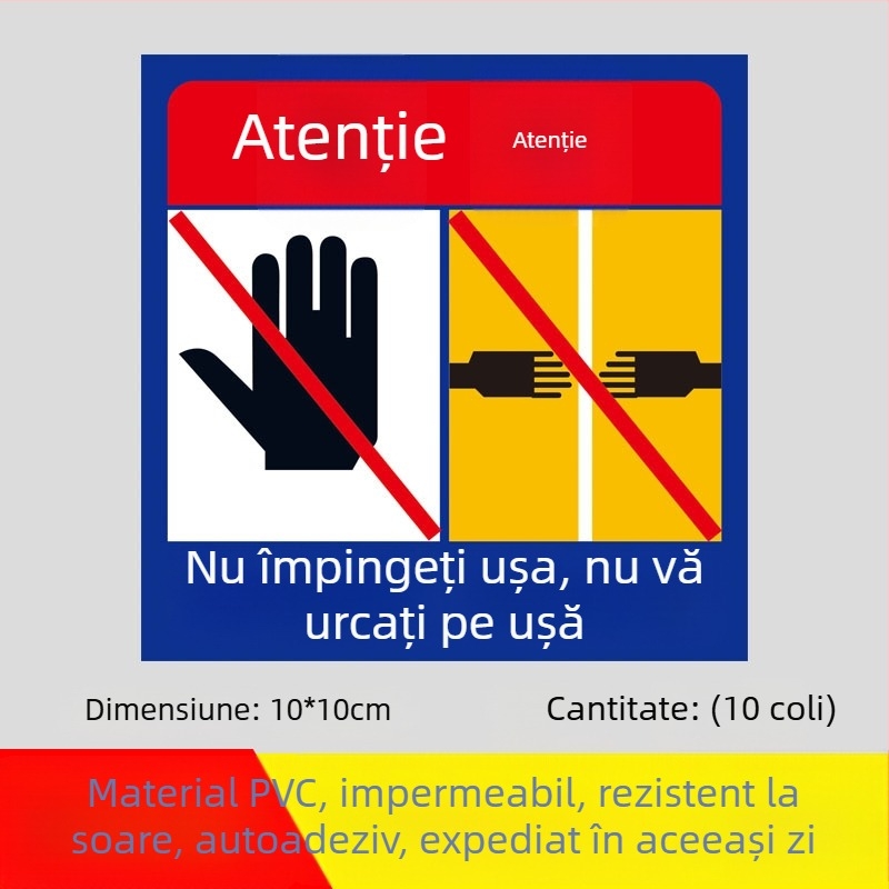 Sign de siguranță pentru lift: Nu vă sprijiniți de ușă; Nu împingeți ușa; Atenție la prinderea degetelor. Etichetă autocolantă.