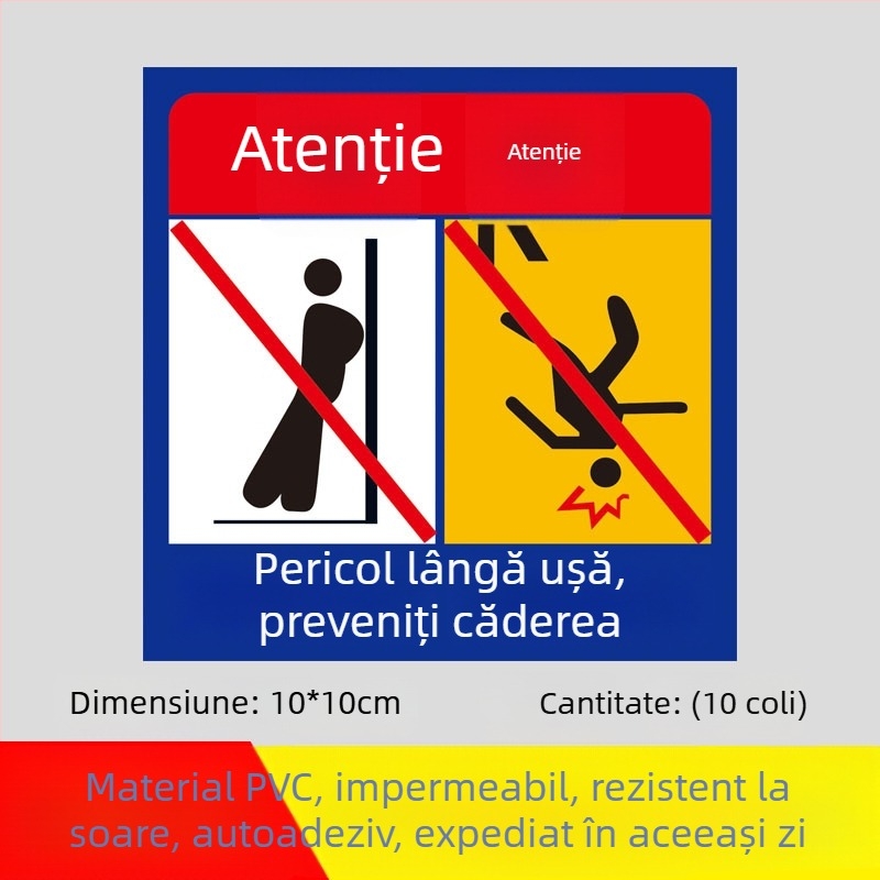 Sign de siguranță pentru lift: Nu vă sprijiniți de ușă; Nu împingeți ușa; Atenție la prinderea degetelor. Etichetă autocolantă.