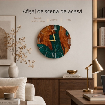 Ceas de perete cu aspect luxos și sofisticat, artă cu nisip curgător, din lemn masiv și rășină, pentru peretele sufrageriei sau dormitorului