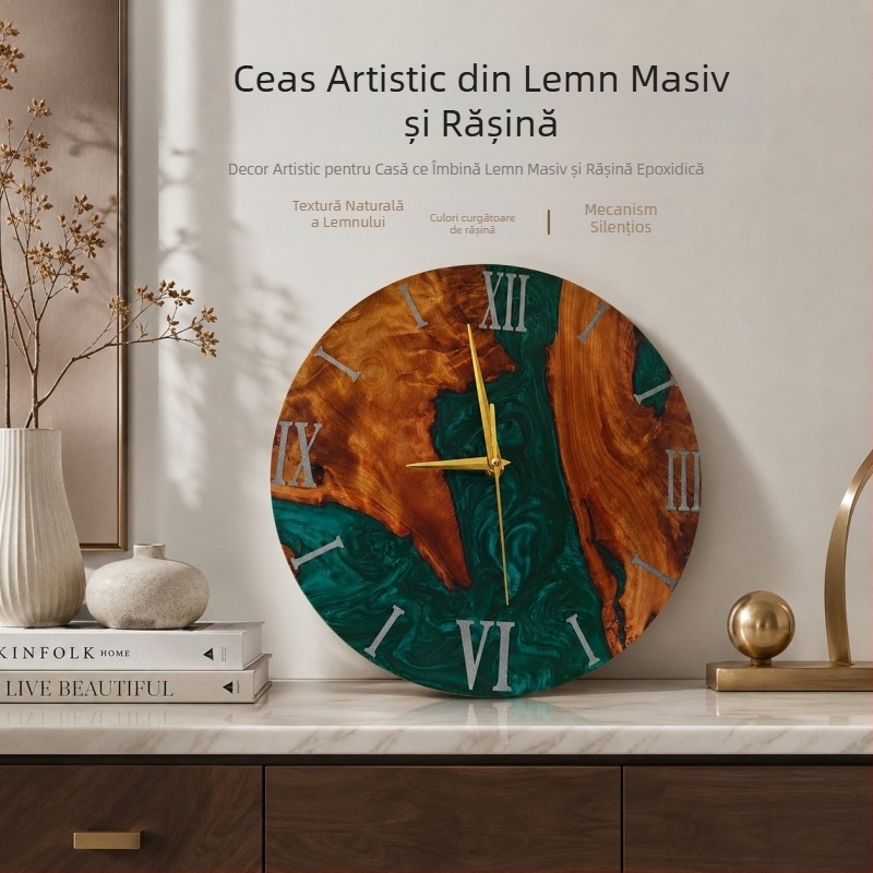 Ceas de perete cu aspect luxos și sofisticat, artă cu nisip curgător, din lemn masiv și rășină, pentru peretele sufrageriei sau dormitorului