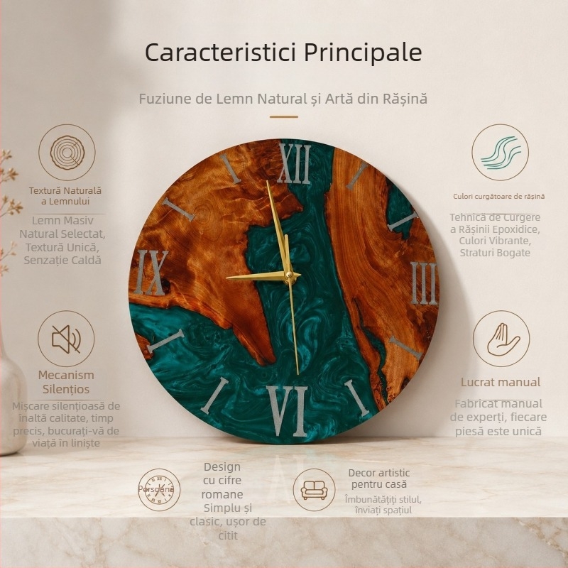 Ceas de perete cu aspect luxos și sofisticat, artă cu nisip curgător, din lemn masiv și rășină, pentru peretele sufrageriei sau dormitorului