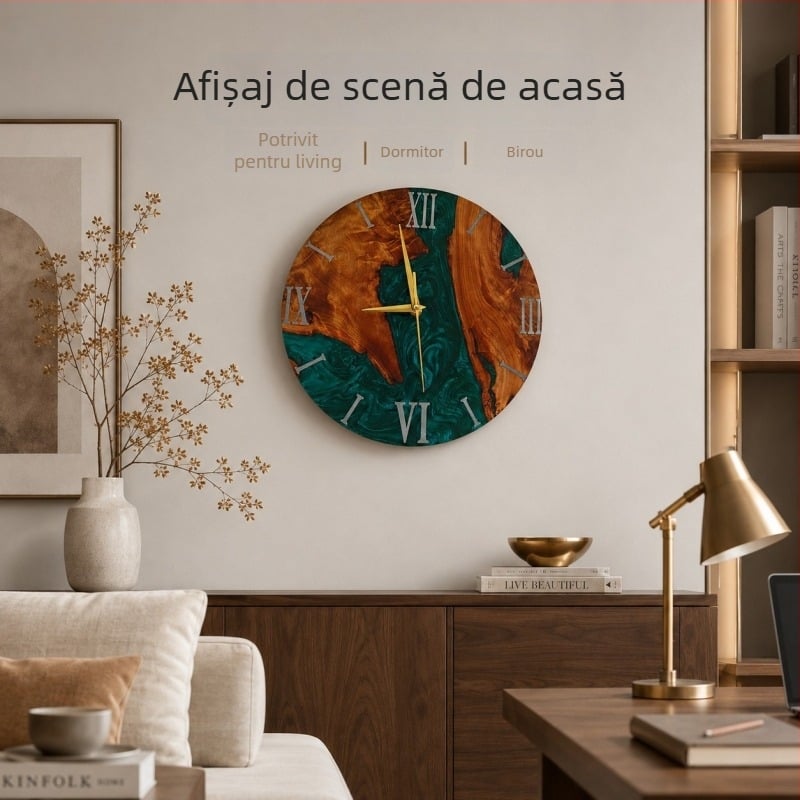 Ceas de perete cu aspect luxos și sofisticat, artă cu nisip curgător, din lemn masiv și rășină, pentru peretele sufrageriei sau dormitorului