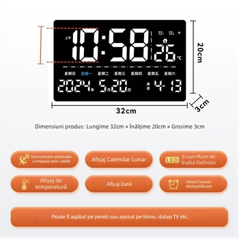 Ceas de perete GPS, ecran mare, calendar perpetuu, alarmă digitală și afișaj de temperatură