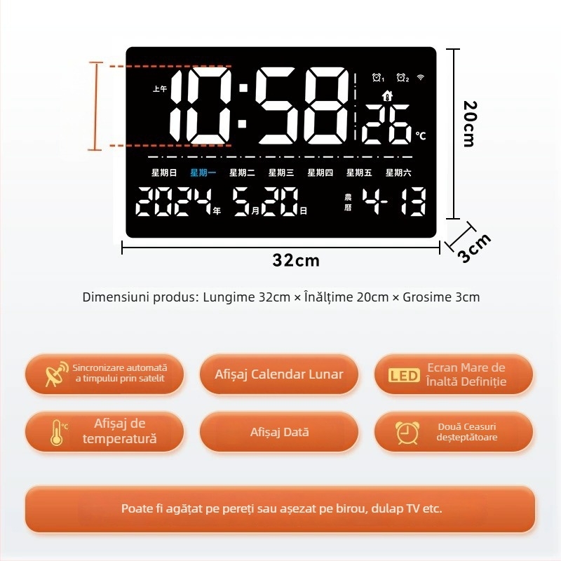 Ceas de perete GPS, ecran mare, calendar perpetuu, alarmă digitală și afișaj de temperatură