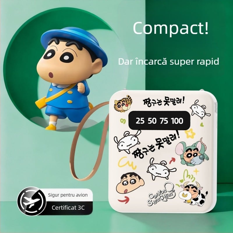 Power bank certificat 3C, compact, cu cablu încorporat – încărcător de urgență de buzunar