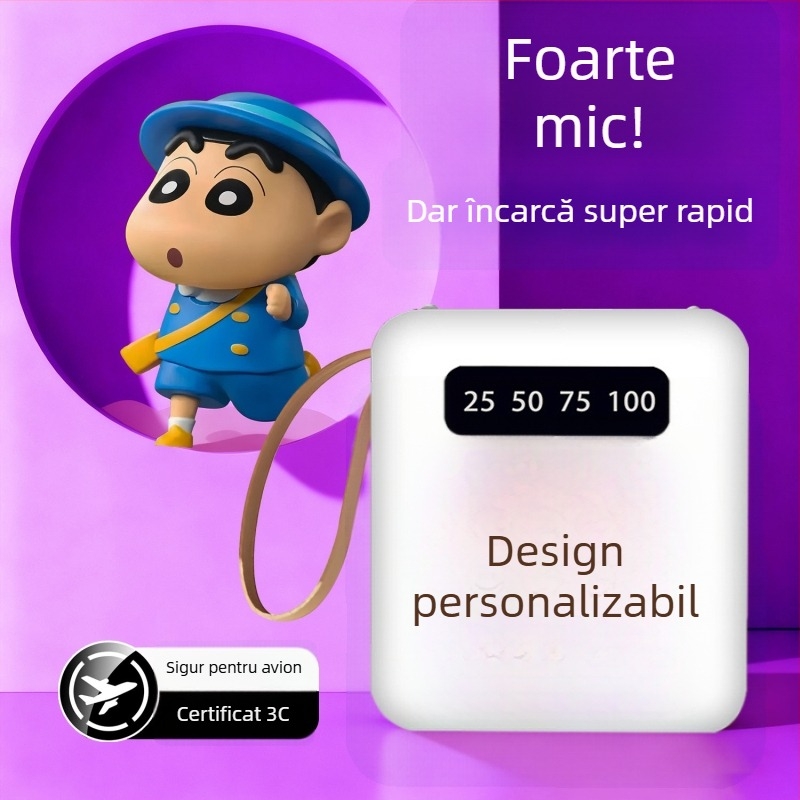 Power bank certificat 3C, compact, cu cablu încorporat – încărcător de urgență de buzunar