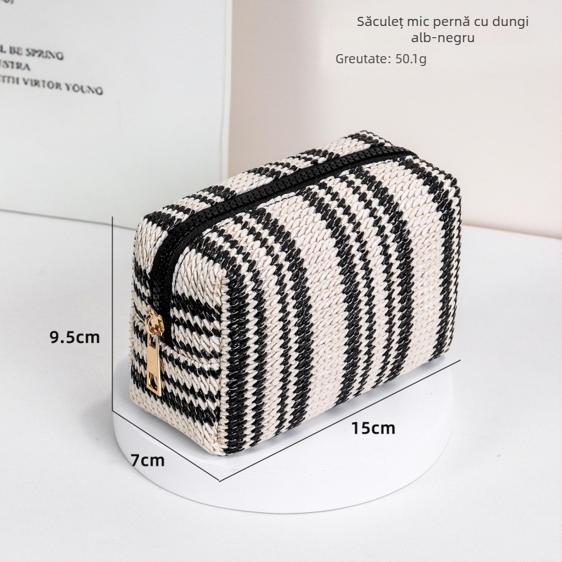 Gențiță de machiaj alb-negru cu model geometric, pentru călătorii, portabilă și impermeabilă