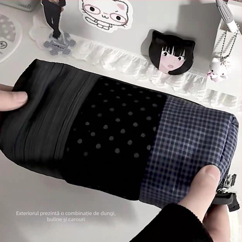 Geantă de papetărie din material textil, imprimeu albastru deschis cu buline și carouri, capacitate mare, penar