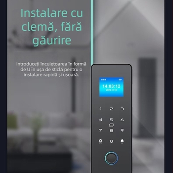 Încuietoare inteligentă pentru uși din sticlă, cu amprentă și parolă, fără găuri de montaj, cu cadru sau fără cadru, pentru uși simple sau duble
