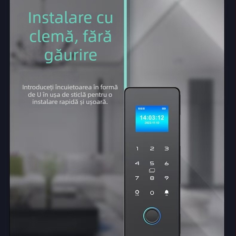 Încuietoare inteligentă pentru uși din sticlă, cu amprentă și parolă, fără găuri de montaj, cu cadru sau fără cadru, pentru uși simple sau duble