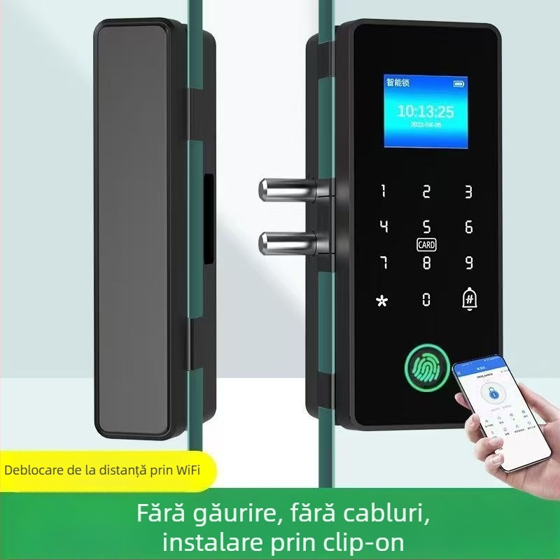Încuietoare inteligentă pentru uși din sticlă, cu amprentă și parolă, fără găuri de montaj, cu cadru sau fără cadru, pentru uși simple sau duble