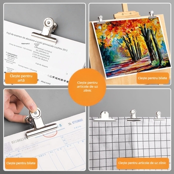 Clip de birou din oțel inoxidabil, în dimensiuni mari și mici, clip metalic puternic în formă de munte pentru organizarea chitanțelor și documentelor.