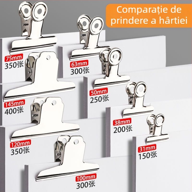 Clip de birou din oțel inoxidabil, în dimensiuni mari și mici, clip metalic puternic în formă de munte pentru organizarea chitanțelor și documentelor.
