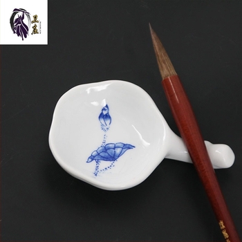 Vas ceramic dublu funcțional pentru spălat pensule și suport de stilou, farfurioară pentru cerneală, cu motiv floare de prune, dimensiuni 7 × 11 × 2 cm