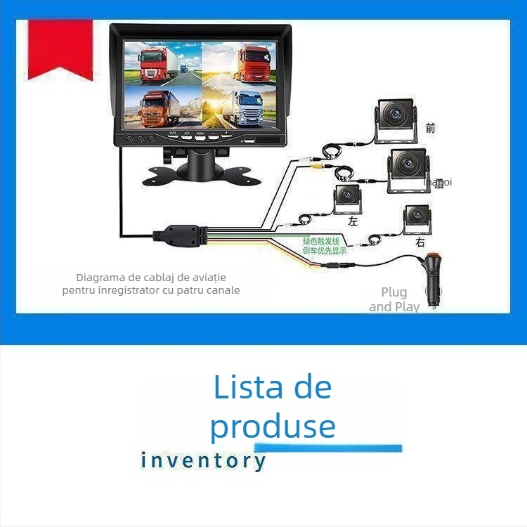 Display auto de 7 inch, universal pentru autobuze și camioane, cu două canale HD, vizualizare nocturnă și imagine de mers înapoi