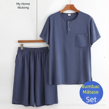 Set pijama bărbați din viscoză de vară, subțire și lejer, tricou cu mânecă scurtă și șort, îmbrăcăminte de casă.