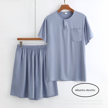 Set pijama bărbați din viscoză de vară, subțire și lejer, tricou cu mânecă scurtă și șort, îmbrăcăminte de casă.