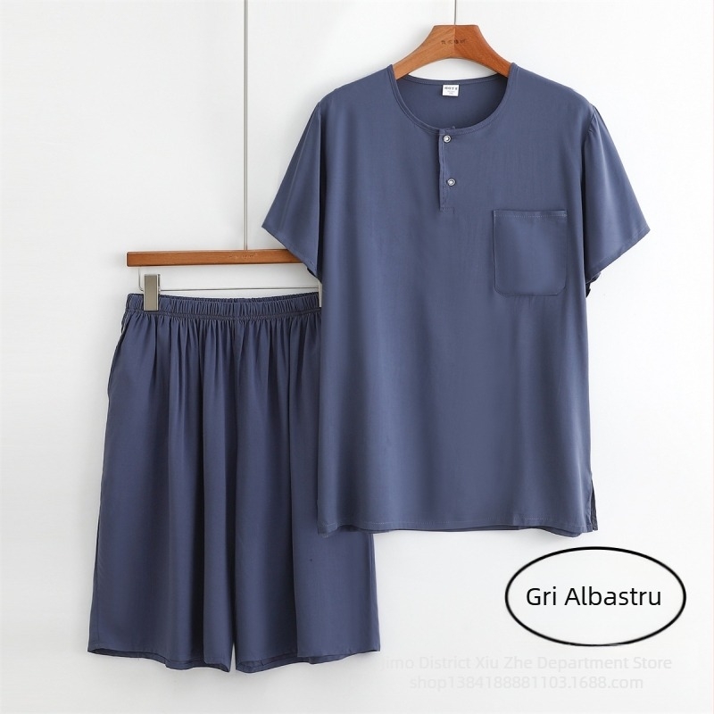 Set pijama bărbați din viscoză de vară, subțire și lejer, tricou cu mânecă scurtă și șort, îmbrăcăminte de casă.