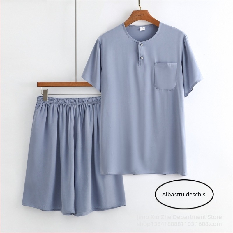 Set pijama bărbați din viscoză de vară, subțire și lejer, tricou cu mânecă scurtă și șort, îmbrăcăminte de casă.