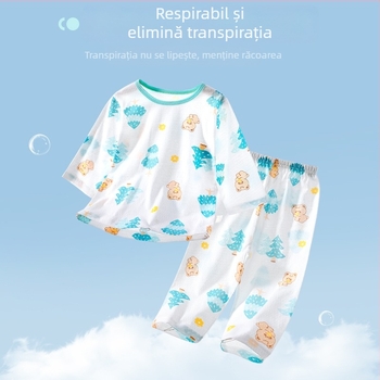 Set de pijamale pentru copii din bumbac, respirabil, cu plasă, mâneci lungi și pantaloni lungi, unisex