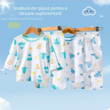 Set de pijamale pentru copii din bumbac, respirabil, cu plasă, mâneci lungi și pantaloni lungi, unisex