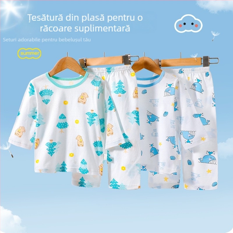 Set de pijamale pentru copii din bumbac, respirabil, cu plasă, mâneci lungi și pantaloni lungi, unisex