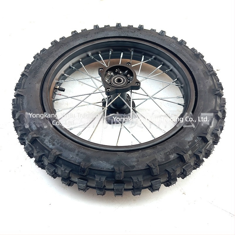 Set de roți pentru motocicletă off-road, pneu 90/100-14, jantă din oțel cu dinți înalți, tambur negru la ax, 12/15 mm